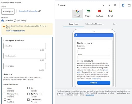 google ad extensions - lead form extension settings screenshot