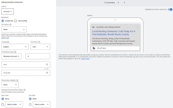 google ad extension - promotion extension settings screenshot
