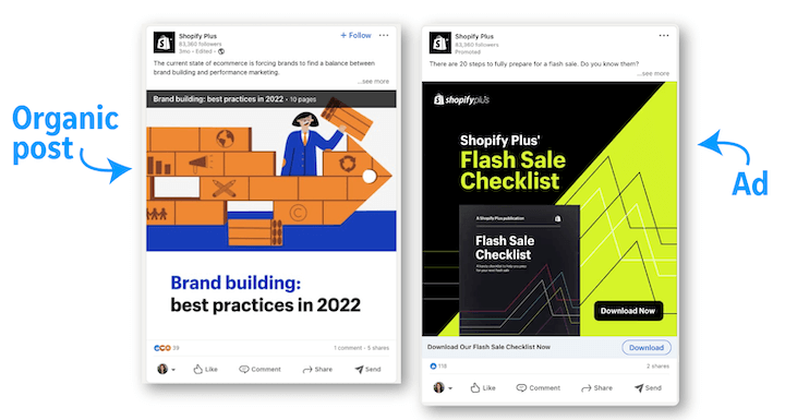 social media advertising example - linkedin ad vs organic post