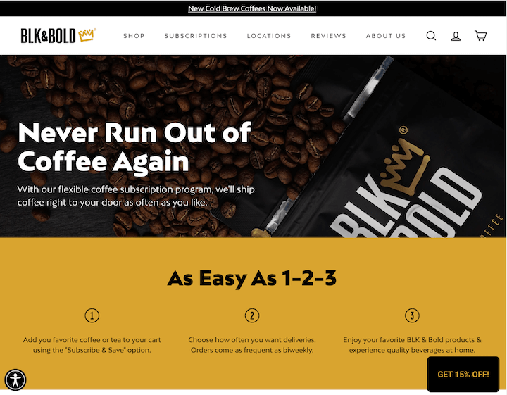 ecommerce landing page example by blk and bold coffee subscription company