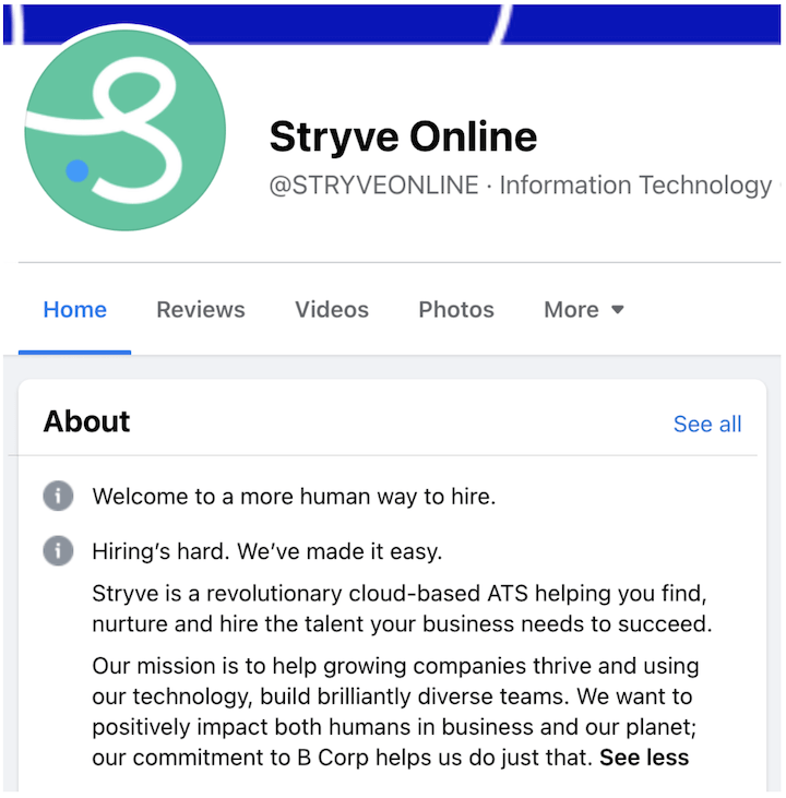 elevator pitch example in a facebook business bio by stryve