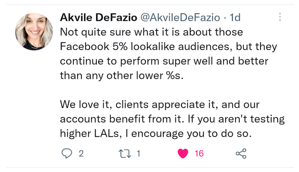 akvile defazio tweet supporting 5% facebook lookalike audience