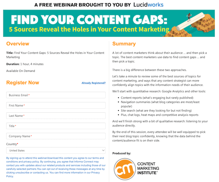 Пример закрытого контента – вебинар от Института контент-маркетинга