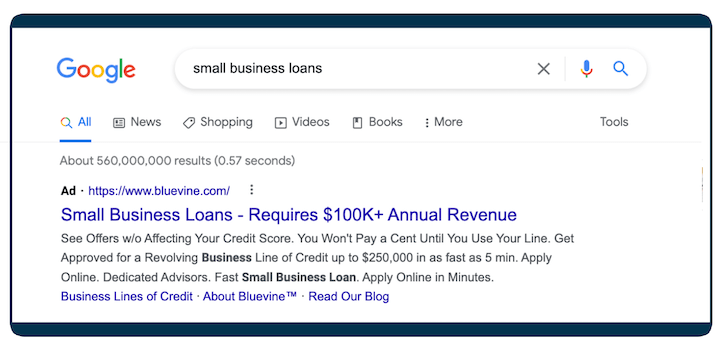 أمثلة إعلانات google - إعلان بحث bluevine