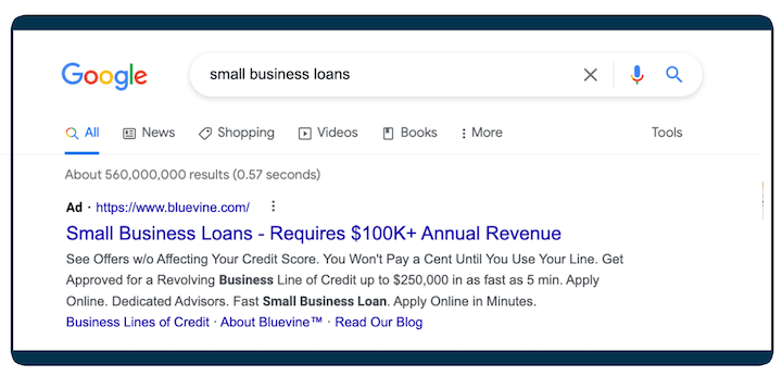 Примеры объявлений Google — поисковое объявление Bluevine