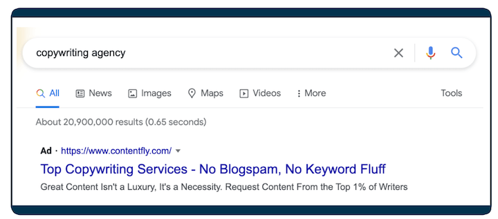 Примеры объявлений Google – поисковое объявление Contentfly