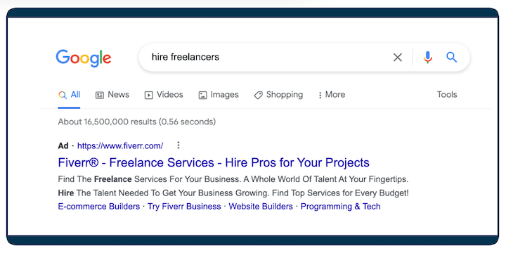 Примеры объявлений Google – поисковое объявление Fiverr