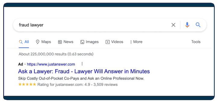 Примеры объявлений Google – реклама адвоката по мошенничеству