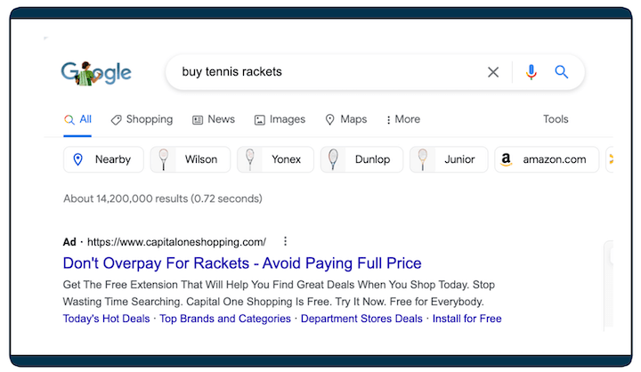 Примеры google ads - поисковая выдача для теннисных ракеток