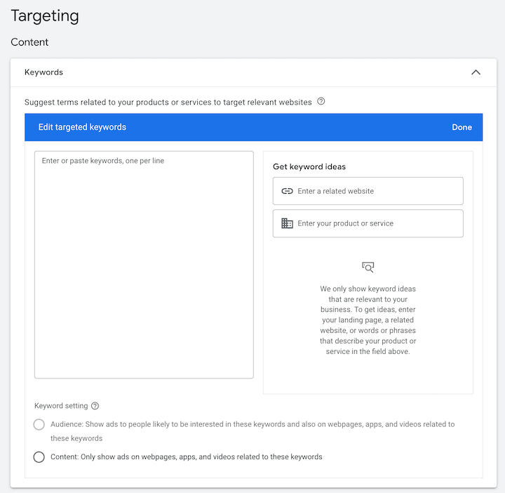 segmentação por palavra-chave dos anúncios gráficos do google
