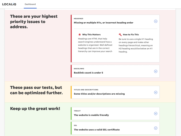 seo optimization tools - sample report of localiq website seo audit