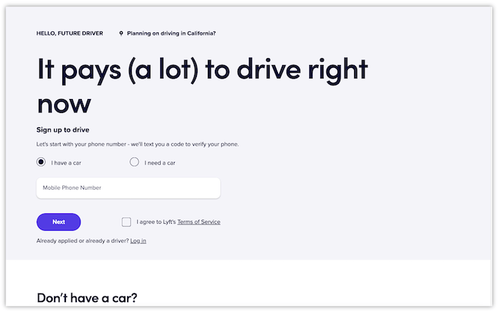 signup landing page example by lyft