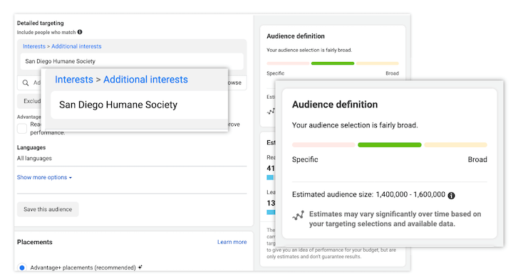 how to optimize facebook ads - detailed targeting humane society page likers