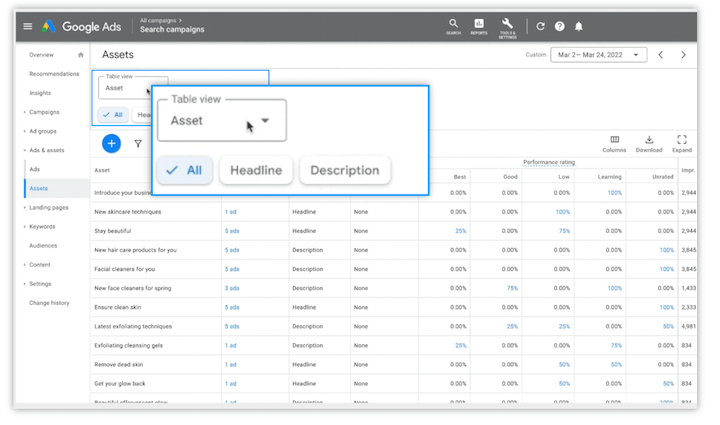 Informe de elementos de Google Ads: visualización de elementos