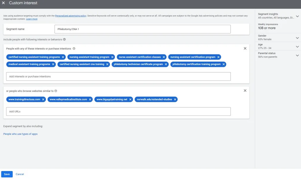 google ads audience targeting - custom interest audience
