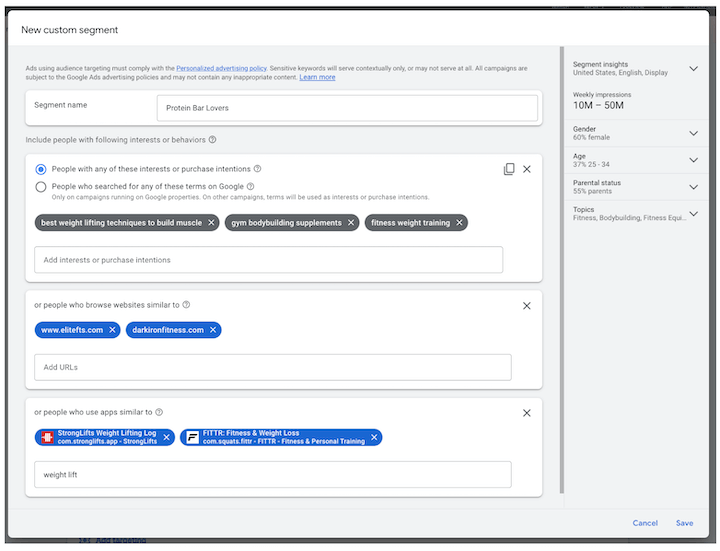 google ads targeting - custom segment example