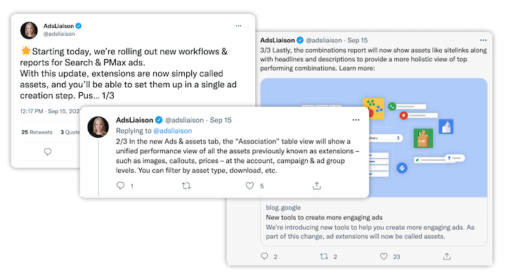 tweets sobre la actualización de las extensiones de anuncios de Google