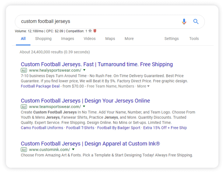 paid ad results for custom football jerseys