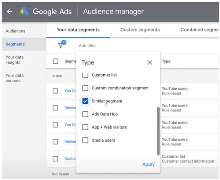 Orientación de Google Ads: ejemplo de segmento similar