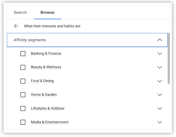 google ads targeting - affinity segments