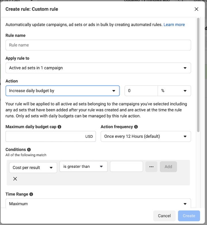 comment optimiser les publicités facebook - configuration de la création de règles personnalisées