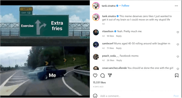 comment augmenter l'engagement sur instagram - exemple de publication avec un meme relatable