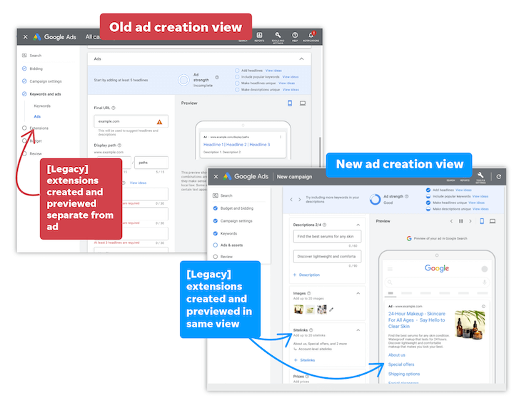 новые и старые окна объявлений Google Ads и создания расширений