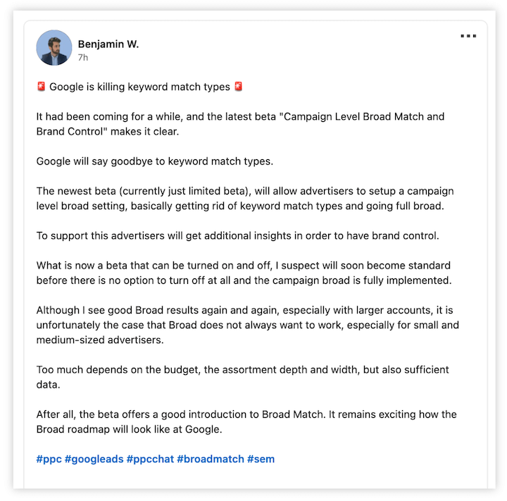 linkedin post on campaign-level broad targeting beta test