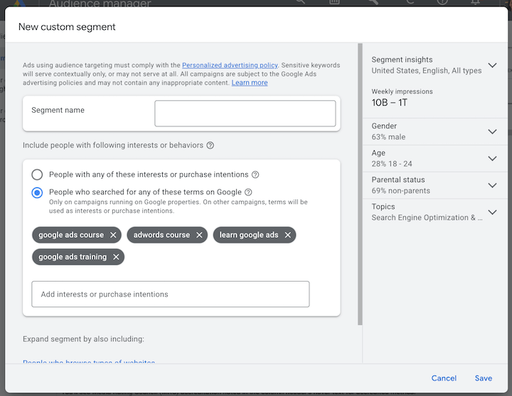 crear segmentos de anuncios de Google personalizados a partir de términos de búsqueda