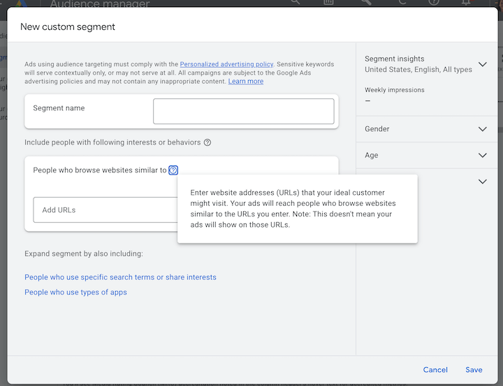 google ads custom segments based on websites