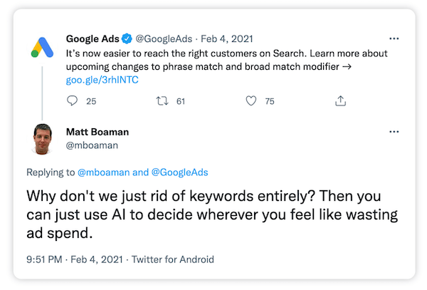 tweet response to retiring of modified broad match