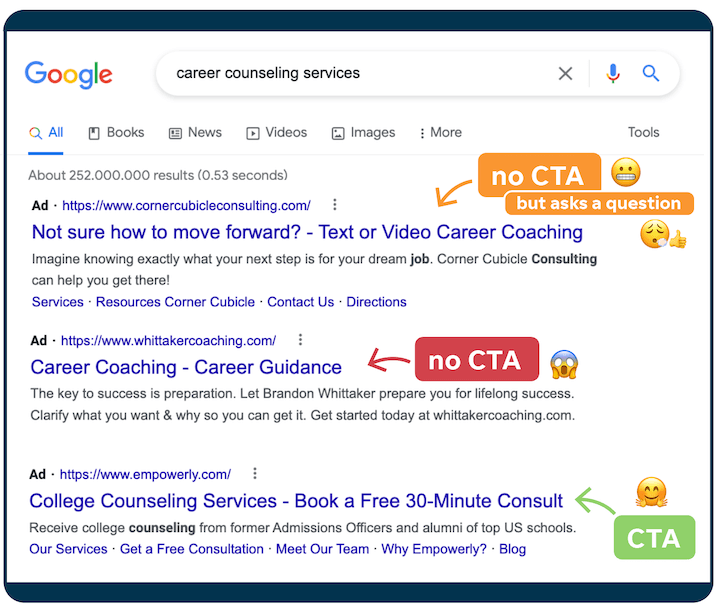 ppc ad copy tips - example of google ads with and without CTAs