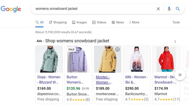 types of google ads - google shopping ad examples on serp