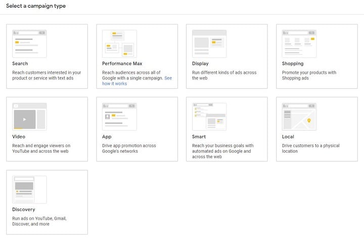 types of google ads - example of google ads campaign types when creating a campaign within the platform