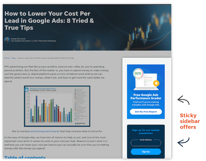 como gerar leads - exemplo de oferta fixa da barra lateral