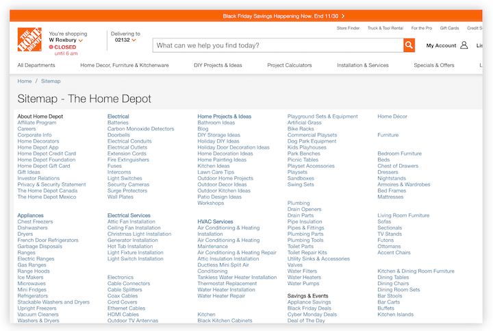 home depot html sitemap example