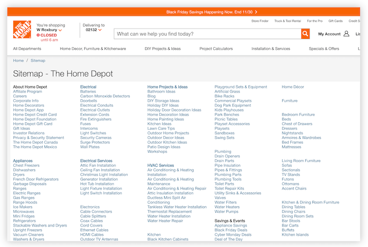 Пример html-карты сайта от Home Depot