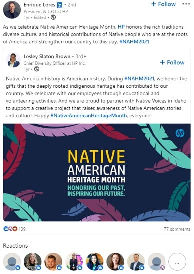 inclusive marketing ideas - example native american heritage month linkedin post