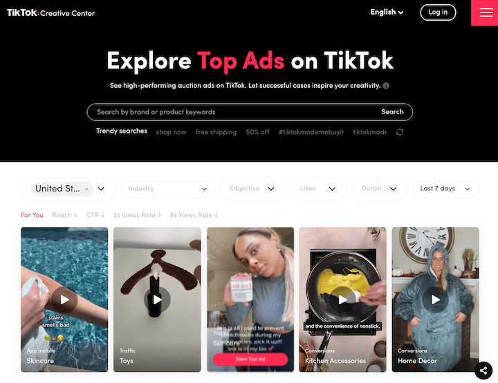 centre d'inspiration des publicités tik tok