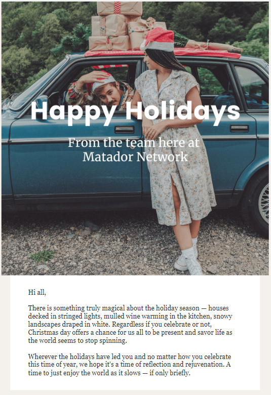 Holiday email templates - Example email from Matador Network