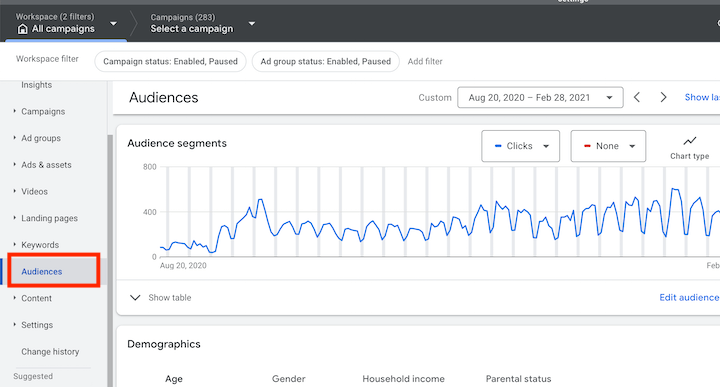google ads audience tab