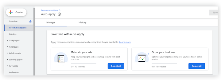Google Ads автоматически применяет параметры рекомендаций