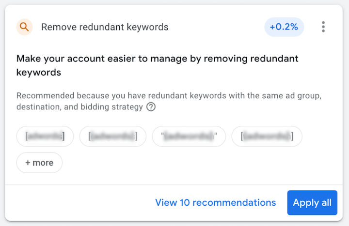 google ads remove redundant keywords recommendation card