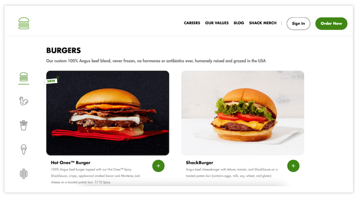 exemples de conception de site Web de restaurant - shake shack