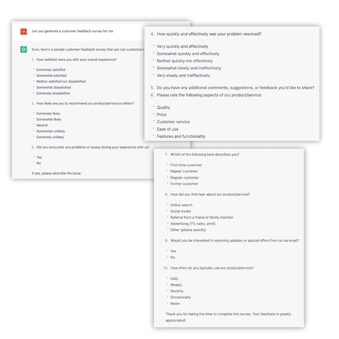customer feedback survey created by gptchat