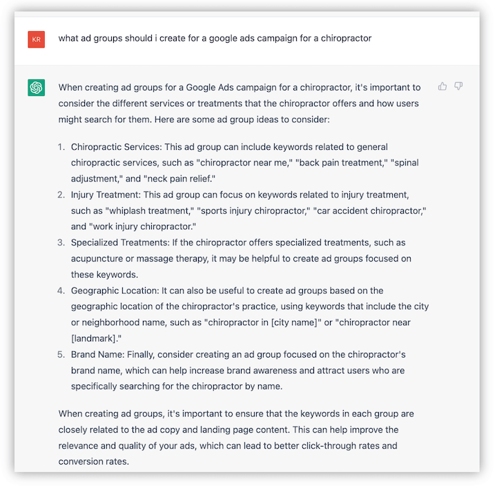 how to use chatgpt for small business marketing - answer to prompt for google ads ad groups