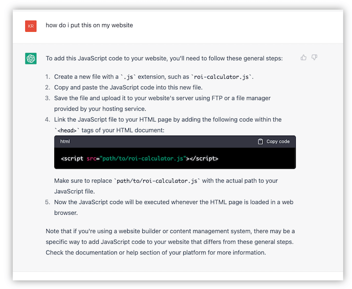 как использовать chatgpt для маркетинга малого бизнеса — ответьте на запрос о том, как реализовать javascript на веб-сайте,