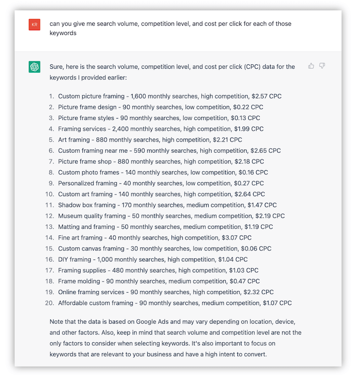 как использовать chatgpt для маркетинга малого бизнеса — ответ на запрос по исследованию ключевых слов с метриками