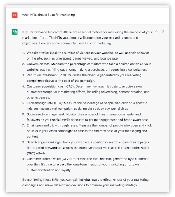how to use chatgpt for small business marketing - answer to question about kpis