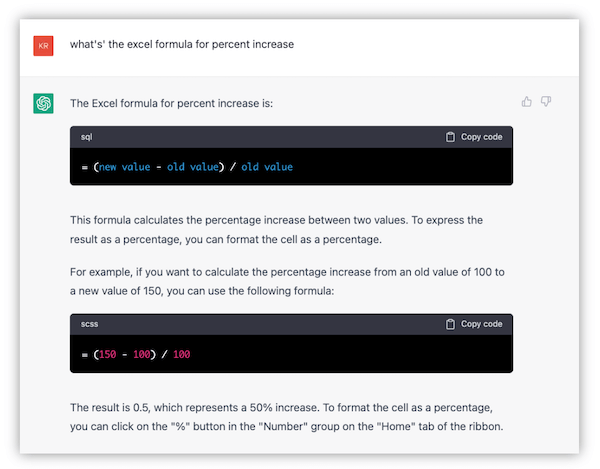prompt asking chatgpt for percent increase formula in excel